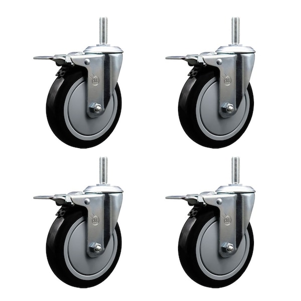 Service Caster 5 Inch Black Polyurethane Swivel 58 Inch Threaded Stem Caster Set with Total Lock Brake SCC-TSTTL20S514-PPUB-BLK-58212-4 - main